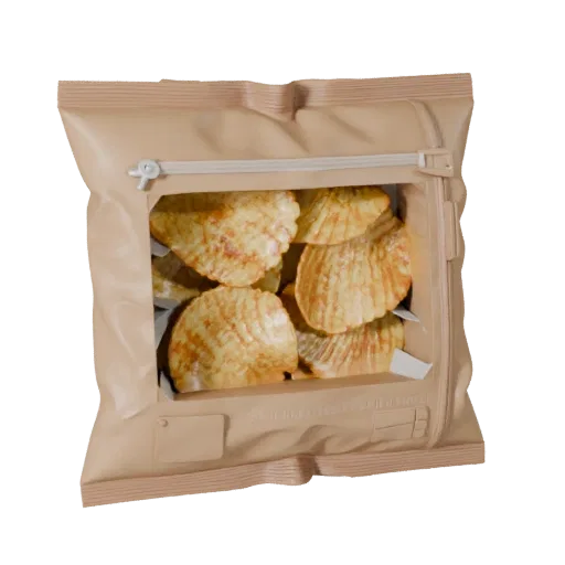 Versiegelte Chipstüte High Poly 3D-Modell, Nahaufnahme Studio-Rendering, zeigt Karton, Paketmasse.