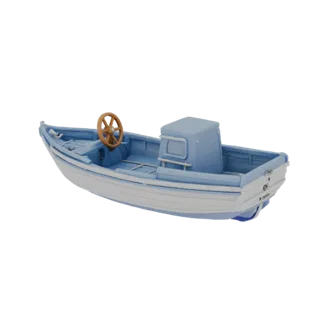 3D-Modell eines blauen Bootes mit Steuerrad und Kajüte im Kinderstil, auf weißem Hintergrund