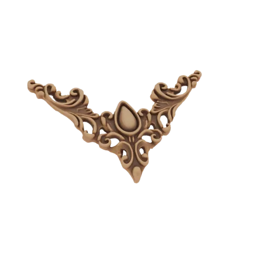 A detailed 3D model of a Baroque-style corner embellishment with swirling acanthus leaves and a central teardrop shape, rendered against a black background.