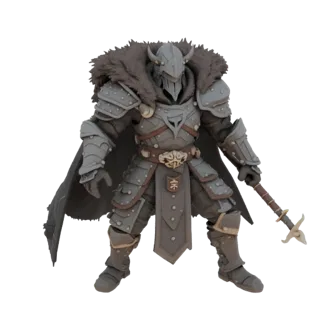 3D model of an evil mage in grey plate armor, black fur-trimmed cloak, and horned helmet, holding a staff.