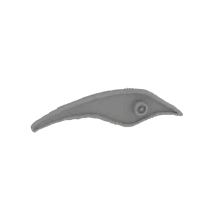 Modelo 3D de um peixe estilizado com um olho detalhado, apresentado contra um fundo branco.