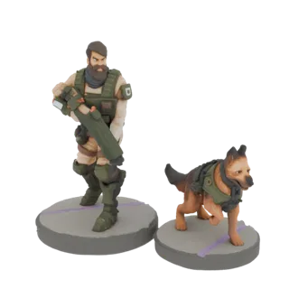 3D model render of a tactical operator with a gun and a German Shepherd dog, both wearing tactical vests and standing on base