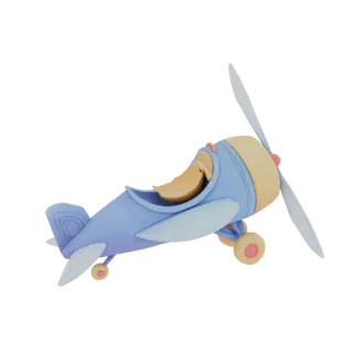 3D model of a light blue cartoon airplane with a pilot in the cockpit, set against a white background.