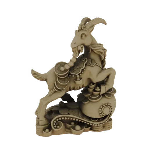 3D model of a beige-colored goat statue adorned with coins and treasures, symbolizing prosperity.