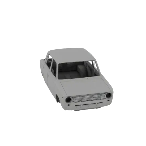 3D model of a classic 1970s sedan car body shell, viewed from a three-quarter front angle, on a white background.