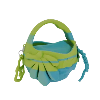 Modèle 3D d'un sac à main panier à fleurs fantaisiste avec des rayures bleues et vert lime et une grande décoration florale.