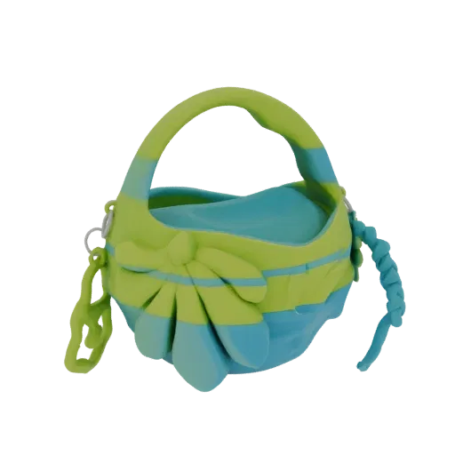 3D model of a whimsical flower basket handbag with blue and lime green stripes and a large flower decoration.