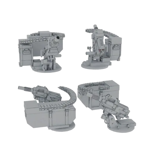 3D model of a modular heavy autocannon turret with a detailed ammo feed, shown from multiple angles.