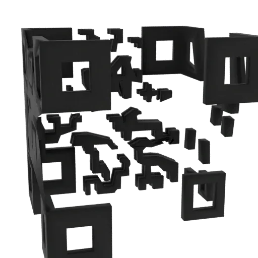 A 3D render of a fragmented, abstract QR code composed of black geometric shapes scattered against a white background.