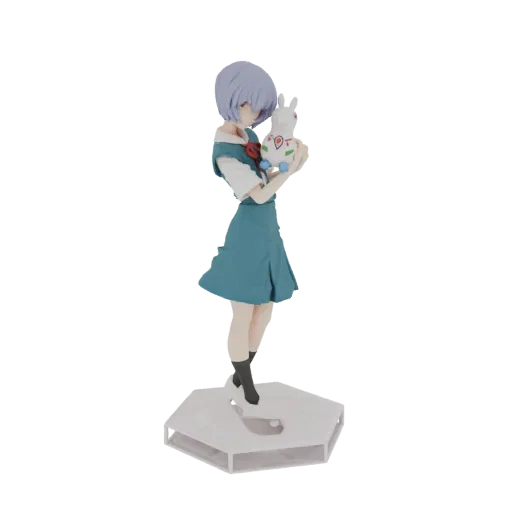 3D model of Rei Ayanami from Evangelion holding a Rody toy, with blue hair and school uniform, on a white hexagonal base.