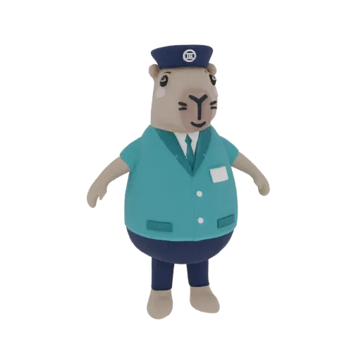 3D model of a capybara wearing a bus driver's uniform and hat, standing against a black background.