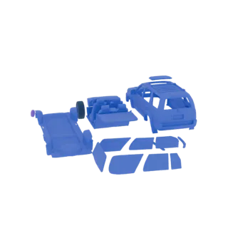3D-Modell eines blauen SUVs, zerlegt in seine verschiedenen Teile, einschließlich Fahrgestell, Innenraum und Karosserieteile,