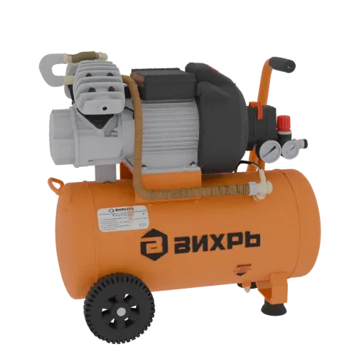 3D model of an orange Vikhr KMP-400/50 air compressor with silver motor, black wheels, and pressure gauges, set against a bla