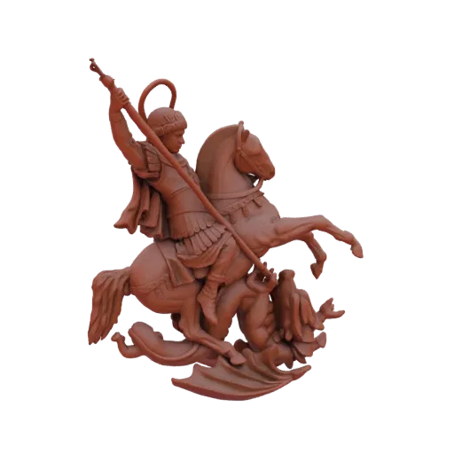 3D-Modell des Heiligen Georg zu Pferd, der einen Drachen durchbohrt, dargestellt in einem rötlich-braunen Material vor weißem