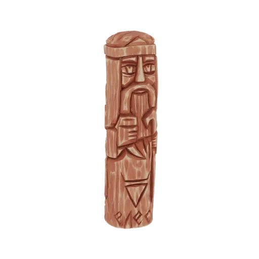 3D model of a Slavic pagan idol with a carved face, beard, and runic symbols, rendered with a rustic wood texture.