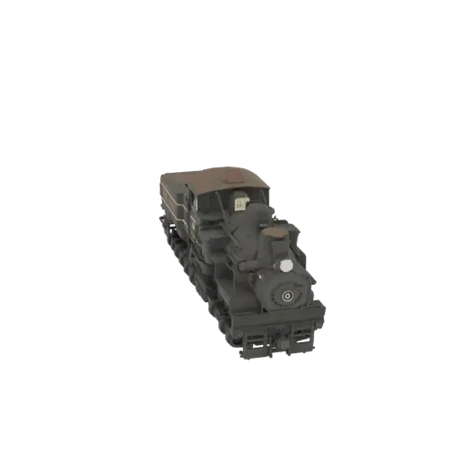 A 3D model of a dark grey vintage steam locomotive with a brown roof, viewed from a slightly elevated side angle against a bl