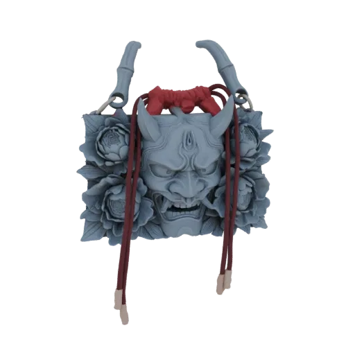 3D model of a grey Oni mask with red cords and peony flowers, designed as a bag charm.