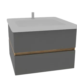 Modello 3D di un mobile bagno moderno grigio con striscia orizzontale in legno e piano bianco con rubinetto.