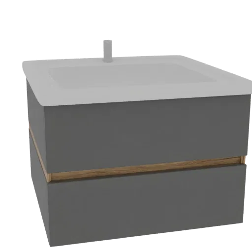 3D model of a modern grey bathroom vanity with a horizontal wood accent strip and a white countertop with a faucet.