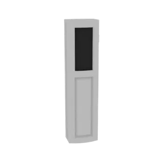 Modelo 3D de un armario moderno, alto, gris claro con un panel rectangular oscuro en la parte superior y un panel empotrado d