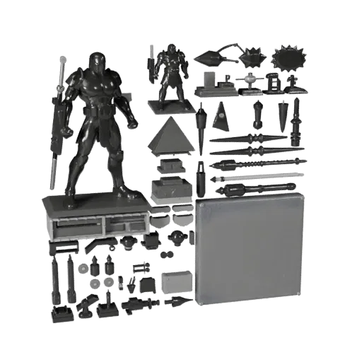 Space Toy Photo Set modular kit 3D model preview showing layered parts, top-down kitbash view, depth and display scale
