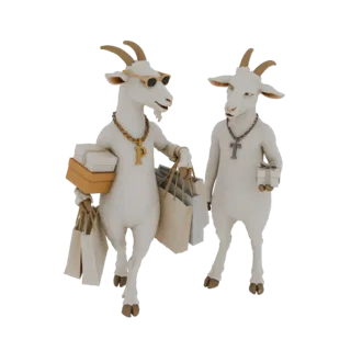 Ein 3D-Rendering von zwei weißen Ziegen, eine mit Sonnenbrille und 'P'-Halskette, beide tragen Einkaufstaschen und Geschenke.