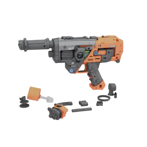 Modello 3D blaster Rotofury Nerf con parti separate disposte intorno
