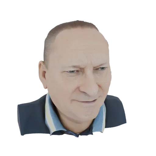3D model render of a man's head and shoulders wearing a dark suit jacket and a striped collared shirt.