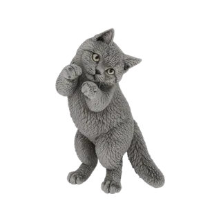 Modèle 3D d'un chaton gris joueur avec les pattes levées et la tête inclinée, regardant curieusement le spectateur.