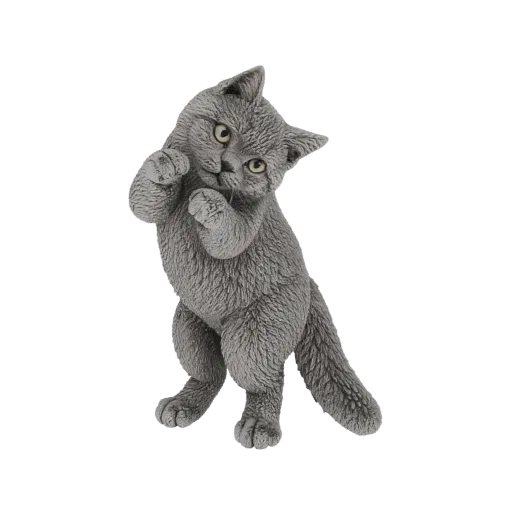 Modelo 3D de un gatito gris juguetón con las patas levantadas y la cabeza inclinada, mirando con curiosidad al espectador.