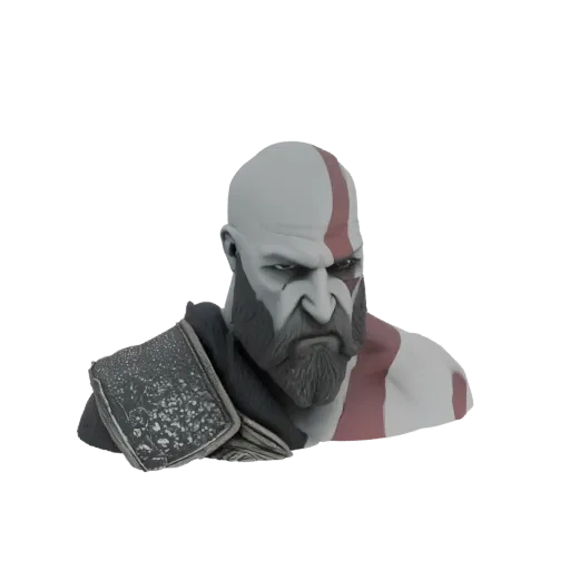 Modèle 3D du buste de Kratos de God of War, montrant son visage sévère, ses marques faciales rouges et son armure détaillée.