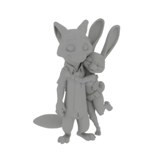 3D model of Nick Wilde and Judy Hopps from Zootopia hugging each other, rendered in gray.