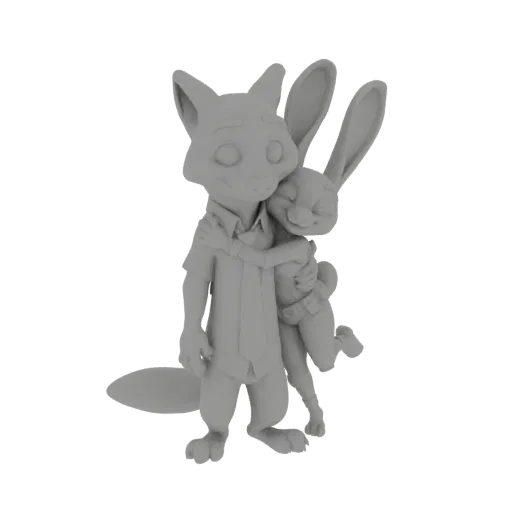 3D model of Nick Wilde and Judy Hopps from Zootopia hugging each other, rendered in gray.