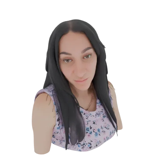 3D model render of an AI-generated woman with long black hair and a floral dress, looking towards the viewer.