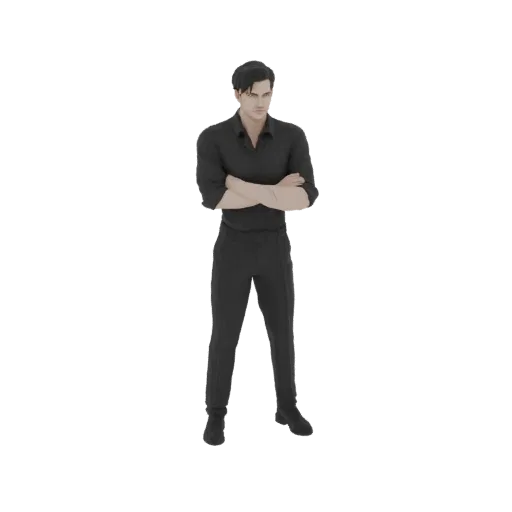 Modelo 3D de hombre con cabello oscuro, vistiendo camisa y pantalones negros, de pie con brazos cruzados.