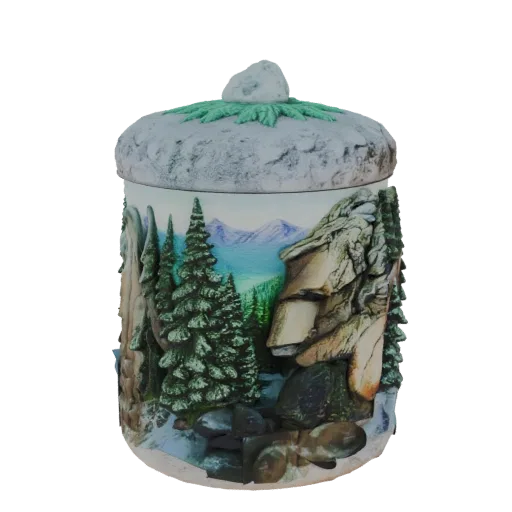 3D model of a decorative jar with a detailed mountain landscape scene and a lid shaped like a snowy mountain peak.