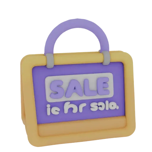 Cartoon-style 3D SALE sign with purple background and yellow frame