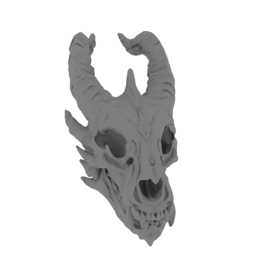 A detailed 3D model render of a grey dragon skull with large, curved horns and sharp teeth, set against a white background.