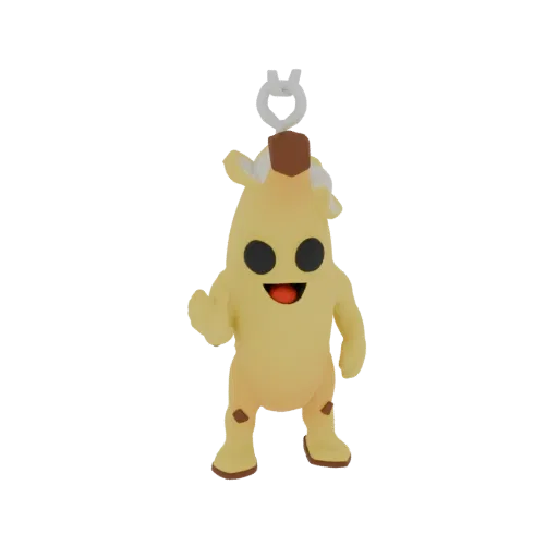 3D model of the Peely banana character, waving with a smile, designed as a keychain with a loop at the top.