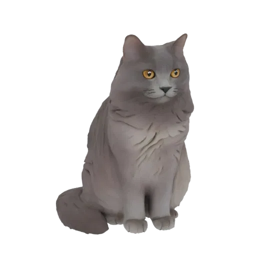 A 3D model of a fluffy grey cat with bright amber eyes, sitting attentively on a white background.