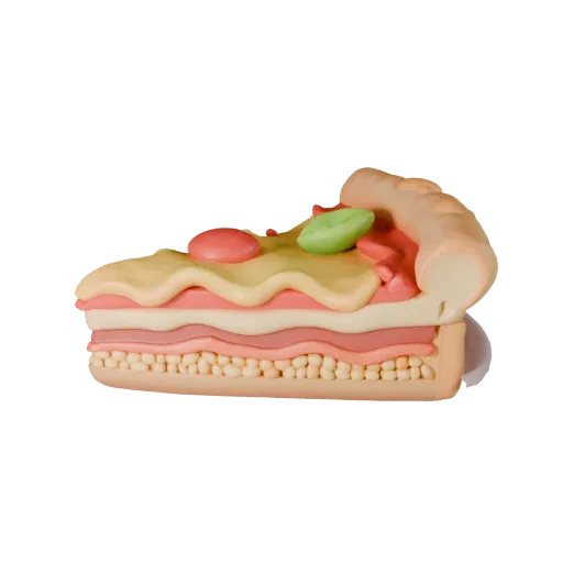 Pizza Slice Product Viz 3D model, three-quarter studio product render, showing sauces, plated composition.