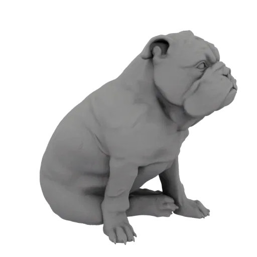 A detailed 3D model of a gray bulldog sitting down, looking to the right with its head slightly tilted.