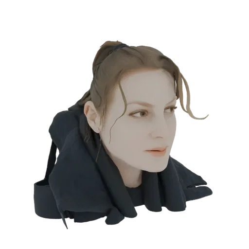 3D model of a female bust with light brown flowing hair tied back and a dark blue scarf draped around her shoulders, looking