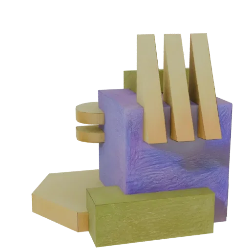 3D render of an abstract sculpture with a purple textured cube, golden triangular prisms, and green rectangular bases, set ag