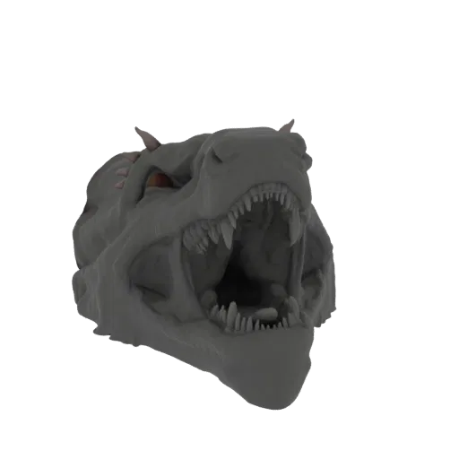 Modello 3D di una testa di drago grigia e aggressiva con la bocca aperta, denti affilati visibili e occhi arancioni luminosi.