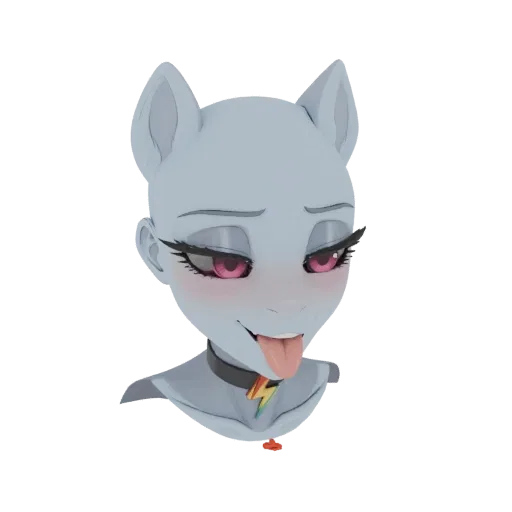 Rendering del modello 3D di un busto di ragazza gatto in stile anime con occhi rosa, lingua fuori e collare con fulmine arcob