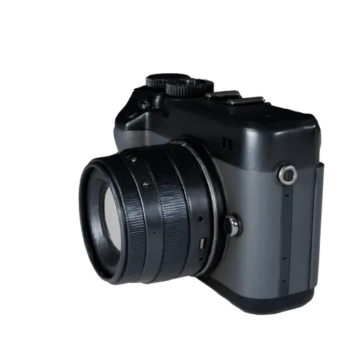 Cinema Camera 3D model, three-quarter front view, AR viewer studio render, showing textured grips, lens barrels.