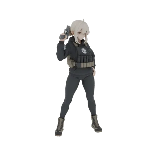 3D model of an anime girl in black tactical gear and a vest, holding a pistol.