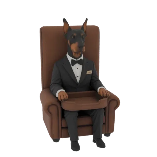 3D model of a Doberman Pinscher dog wearing a tuxedo and sitting in a brown armchair, with a small tray on its lap.