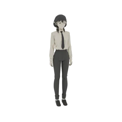 3D model of an anime girl standing in a professional pose, wearing a white shirt, dark tie, and grey trousers.